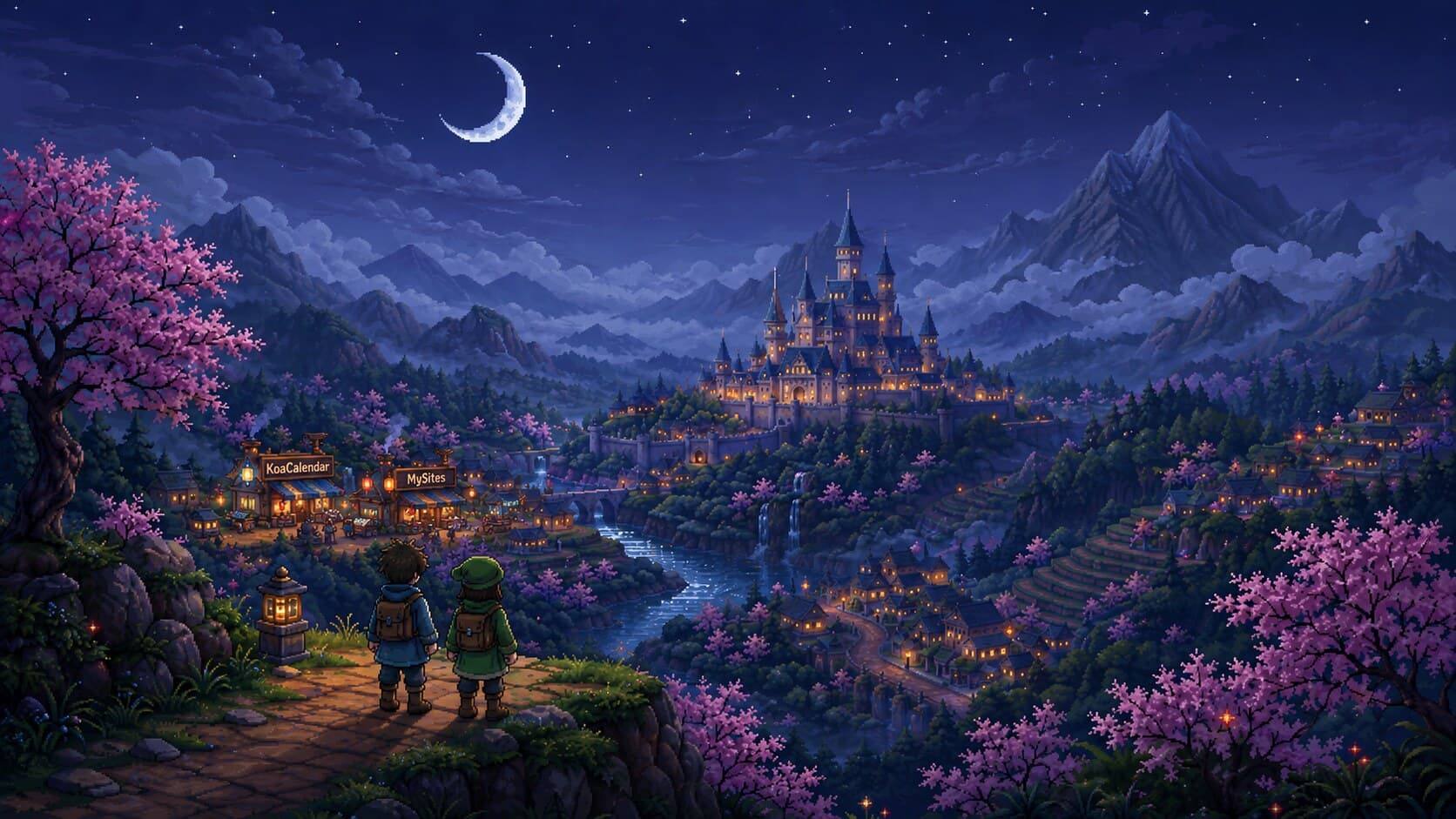 Pueblo pixel art nocturno con los negocios KoaCalendar y MySites